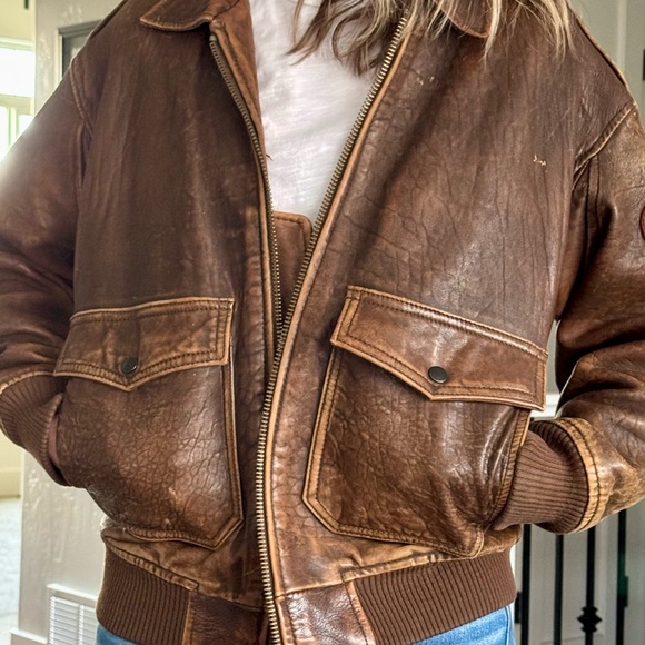 Brown Leather Bomber Jacket - Picture 2 of 5